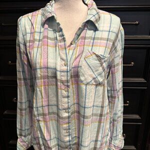 Candace Cameron Mint Plaid Linen Blend Button Up LS MP Med Petite EUC!